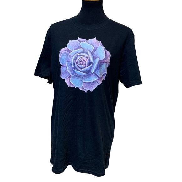 Hand Printed Upcycled Women Medium Purple Blue Succulent Cactus Short Sleeve Tee - Picture 1 of 3